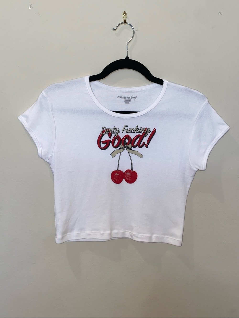 Elizabeth Bay “Dirty F**king Good” White Baby Tee with Red Cherry Graphic Y2K